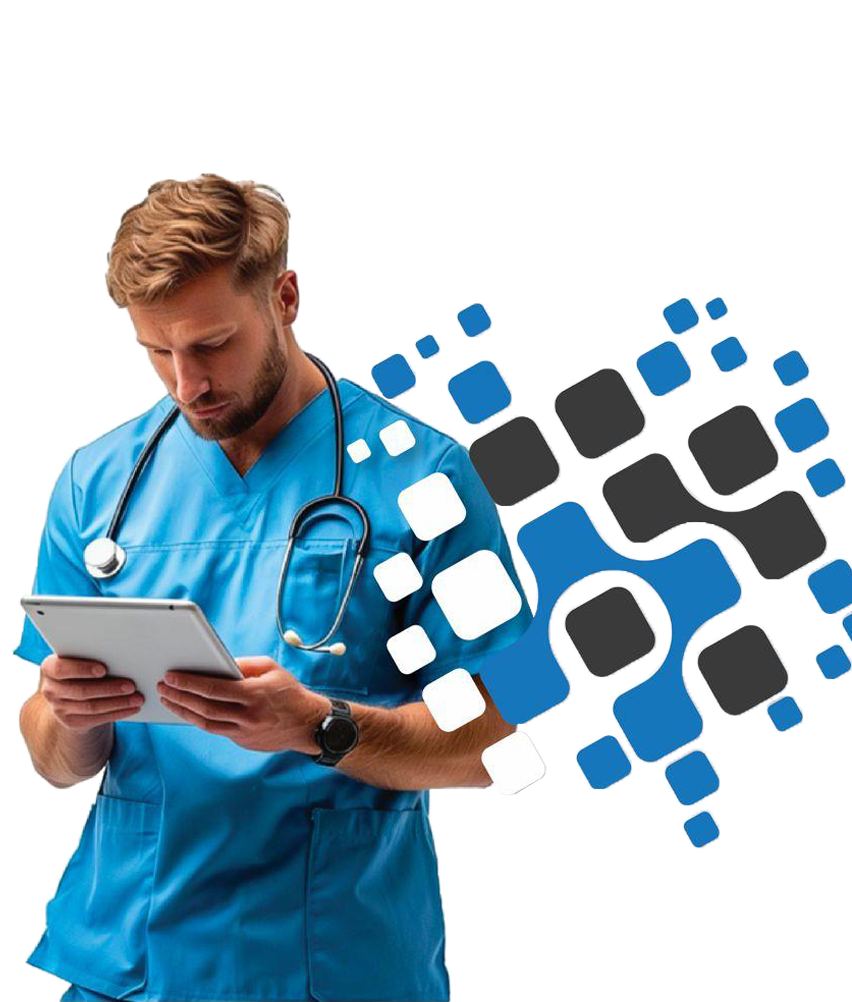 Medigen Doctor A doctor using a tablet with Medigen suite Icon overlayed